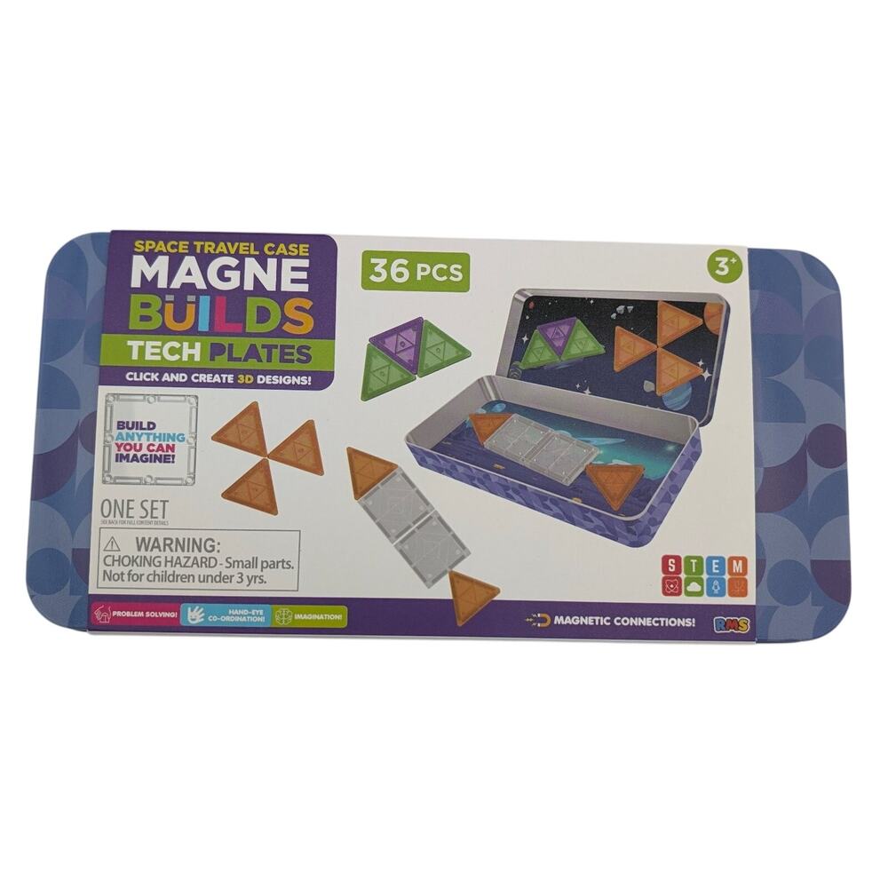 Magne Builds Tech Plates Space Travel Case 36 Pcs Magnetic Building Set RMS New